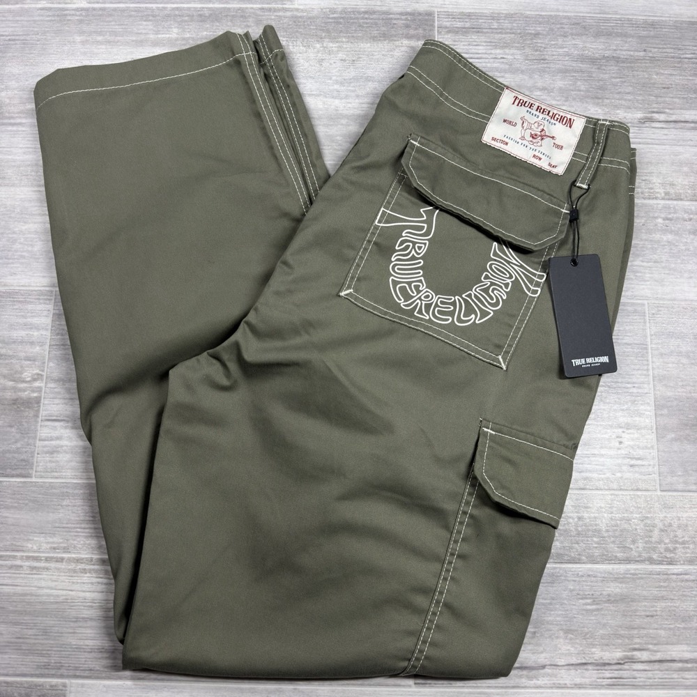 True Religion Men's Kalamata Green Cargo Pants Size 36 White Stitch NWT $169